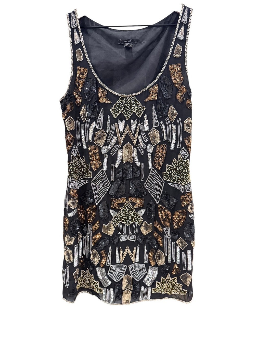 MNG Suit Beaded Sequin Mini Shift Dress Black Gold Silver L